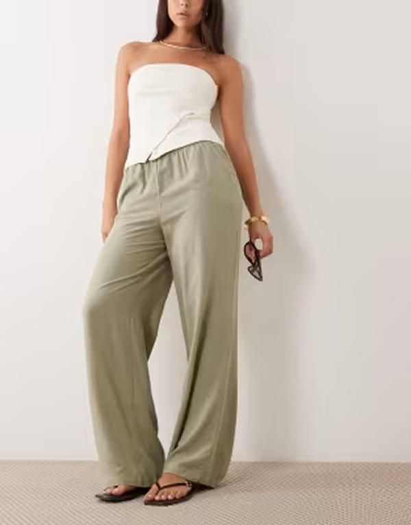 ジェイディーワイ レディース ボトムス カジュアルパンツ ワイドレッグ リネン JDY wide leg linen mix pants in light Laurel oak カーキ