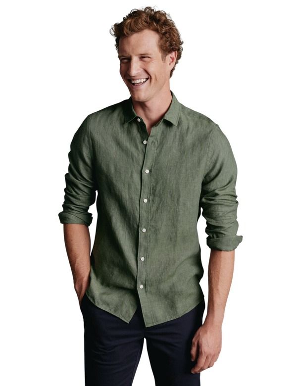 チャールズティリット メンズ トップス シャツ リネン Charles Tyrwhitt Plain Pure Linen Shirt Olive Green グリーン