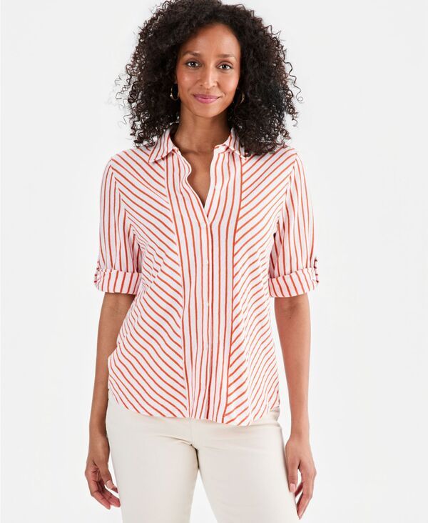 スタイルアンドコー レディース トップス シャツ ニット Style Co Womenstriped Knit ButtonFront Shirtangerine Punch タンジェリン