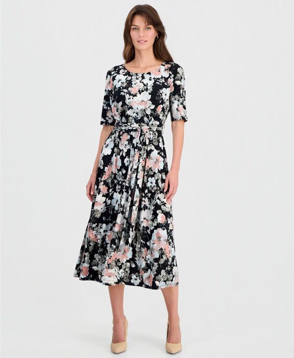 カスパール レディース トップス ワンピース フラワー柄 フラワー Kasper Womens Floral ElbowSleeve Fit Flare Dress Black Multi ブラック
