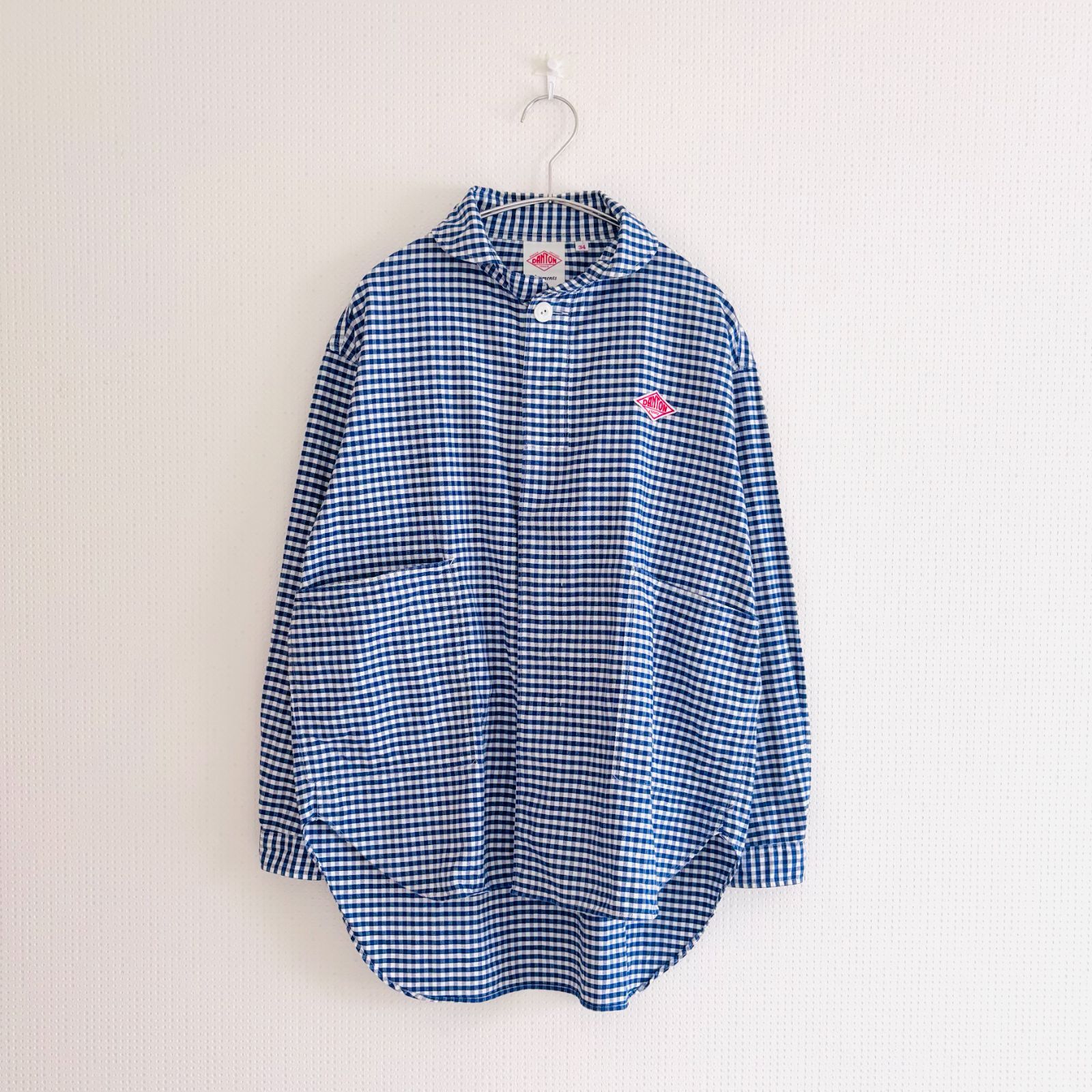 DANTON ダントン ラウンドカラー ギンガムチェック 長袖シャツ ブルー