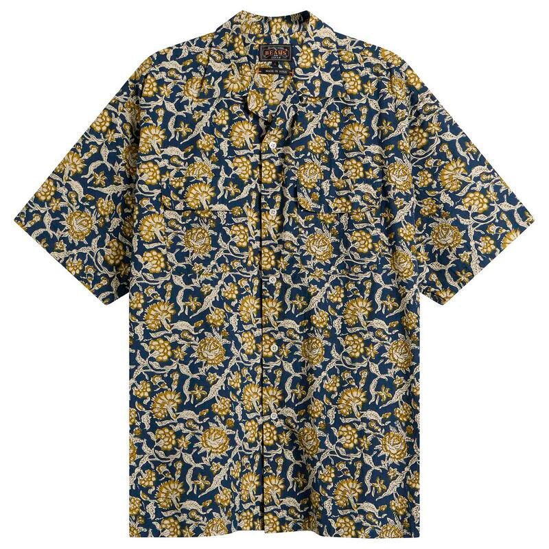 ビームス プラス メンズ トップス シャツ プリント Beams Plus Block Print Open collar Shirt Blue ブルー