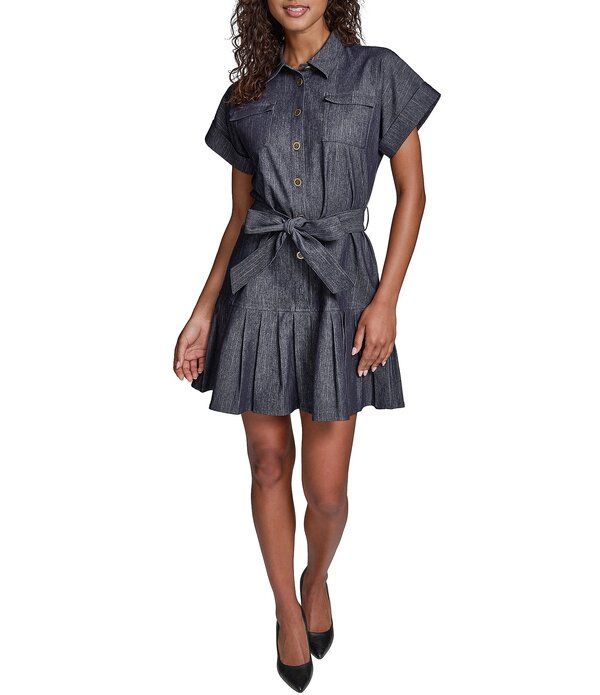 カール ラガーフェルド レディース トップス ワンピース シャツ デニム KARLAGERFELD PARIS Denim Pin Stripe Point Collar Short Sleeve S