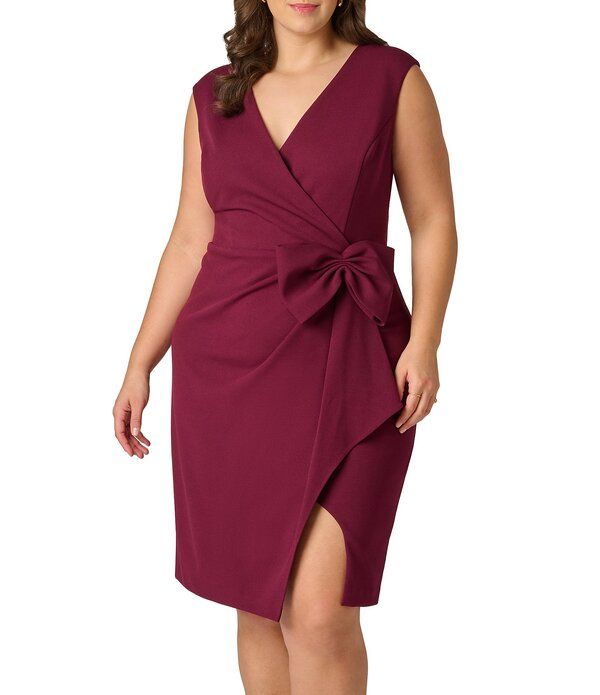 アドリアナ パペル レディース トップス ワンピース Vネックレープラスサイズ ノースリーブ Adrianna Papell Plusize Crepe VNeck Sleeveless Bow Fa