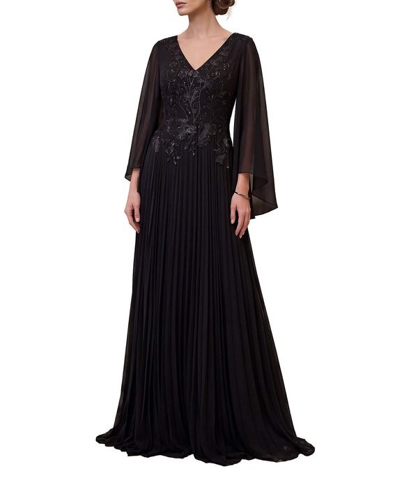 テラニクチュール レディース トップス ワンピース Vネック シフォン プリーツ キャップ ケープ Terani Couturembellished Chiffon Capelet Sleeve VN