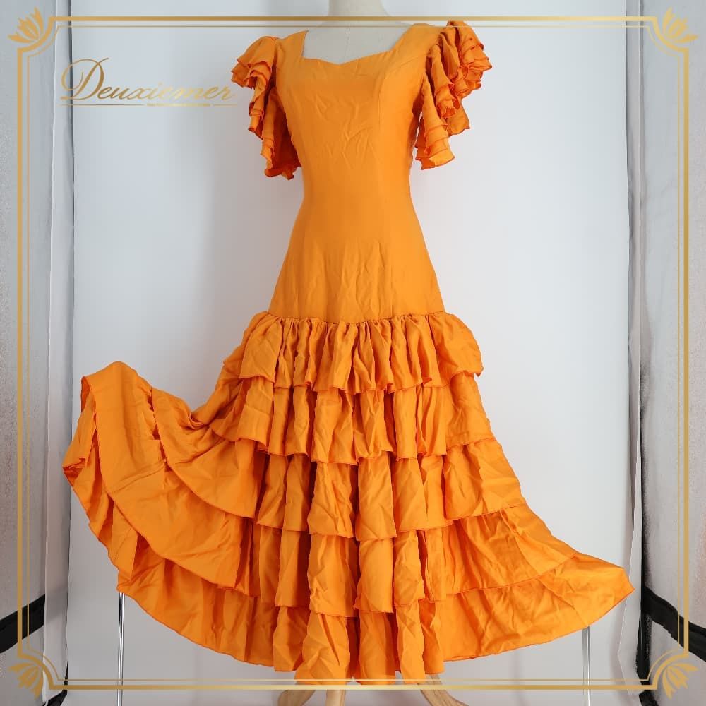 フラメンコ 衣装 ドレス ワンピース オレンジ系 無地 ボランテ