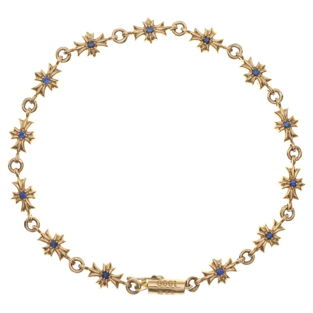 CHROME HEARTS クロムハーツ 22K TNY E CH PLS B SAP タイニーECHプラス PAVEブルーサファイア ゴールドブレスレット ‐ CHROME HEARTS (クロムハーツ) 22K TNY E CH PLS P SAP タイニーECH