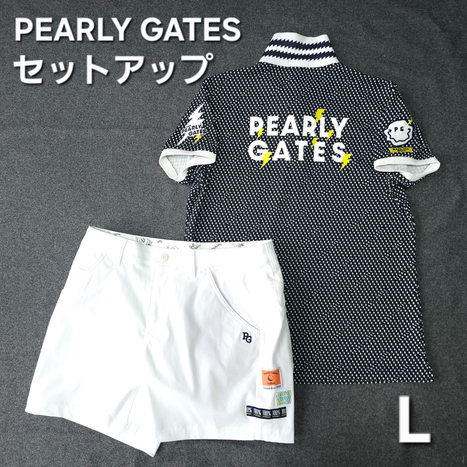 【?値下げ交渉受付中】美品 PEARLY GATES 近年モデル 2025年 セットアップ 半袖 ゴルフポロシャツ ショートパンツ キュロット L 2 ストレッチ 速乾素材 レディース 総柄 ロゴネーム ネイビー×ホワイト パーリーゲイツ
