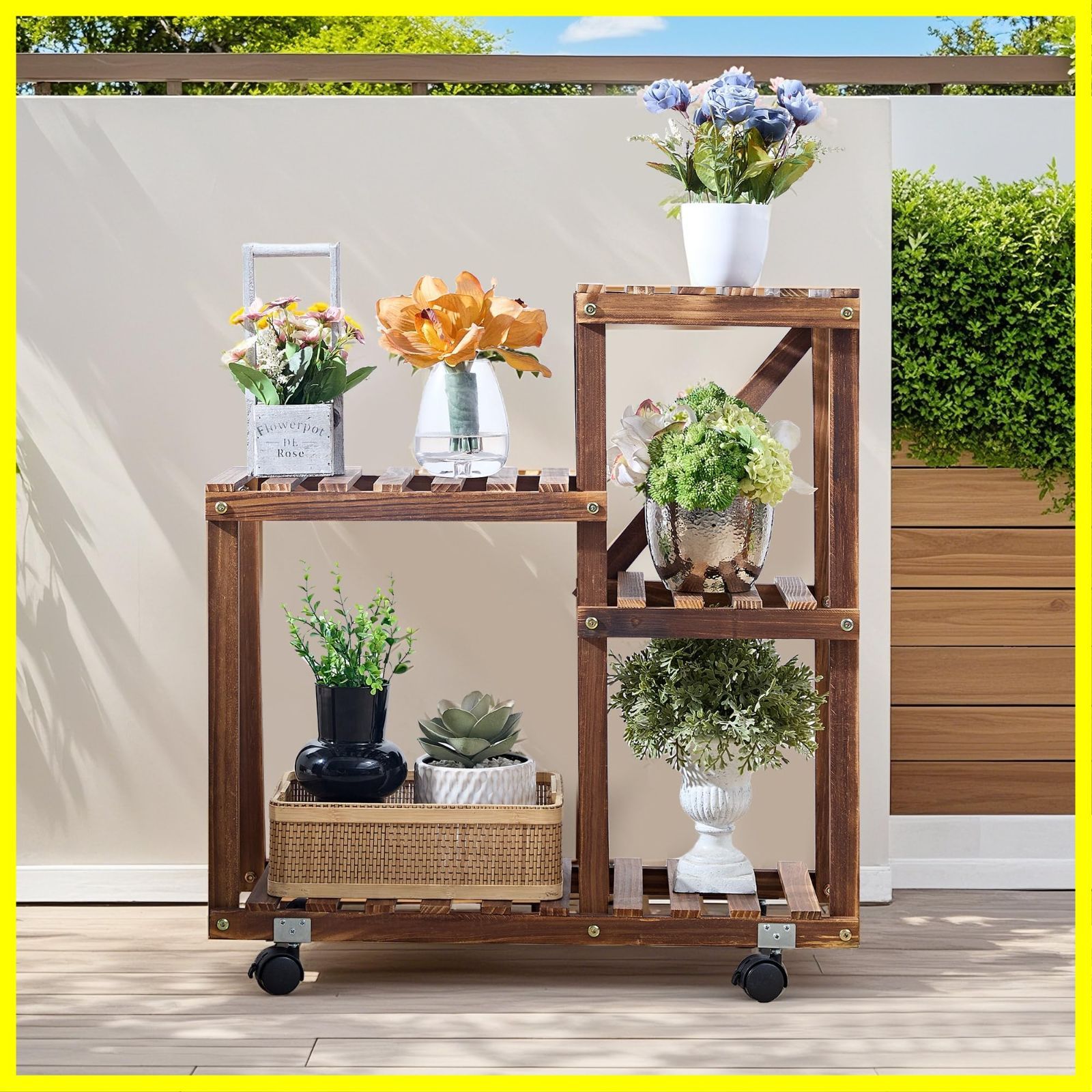木製花屋台風プランターラック 新品未使用 新品・未使用】プランタースタンド 幅65cm 木製 鉢置き台 鉢スタンド