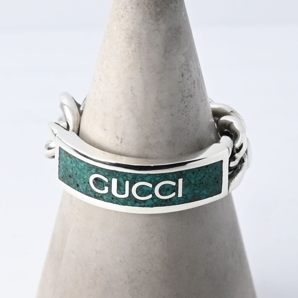 【お値下げ】GUCCI Ag925 ゴルメット チェーン リング 研磨済】GUCCI ゴルメット チェーン リング 17.5号 グリーン 指輪
