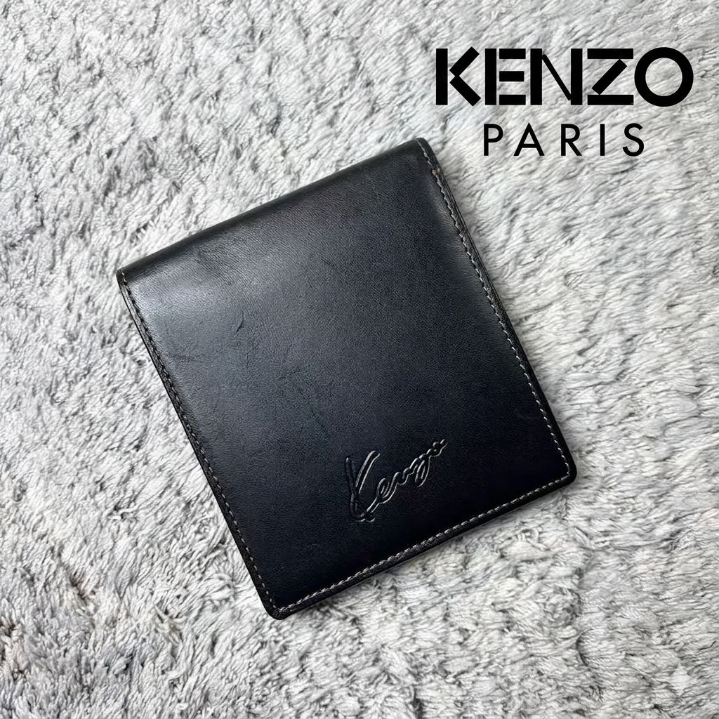KENZO ケンゾー 二つ折り財布 筆記体ロゴ レザー 黒 - メルカリ
