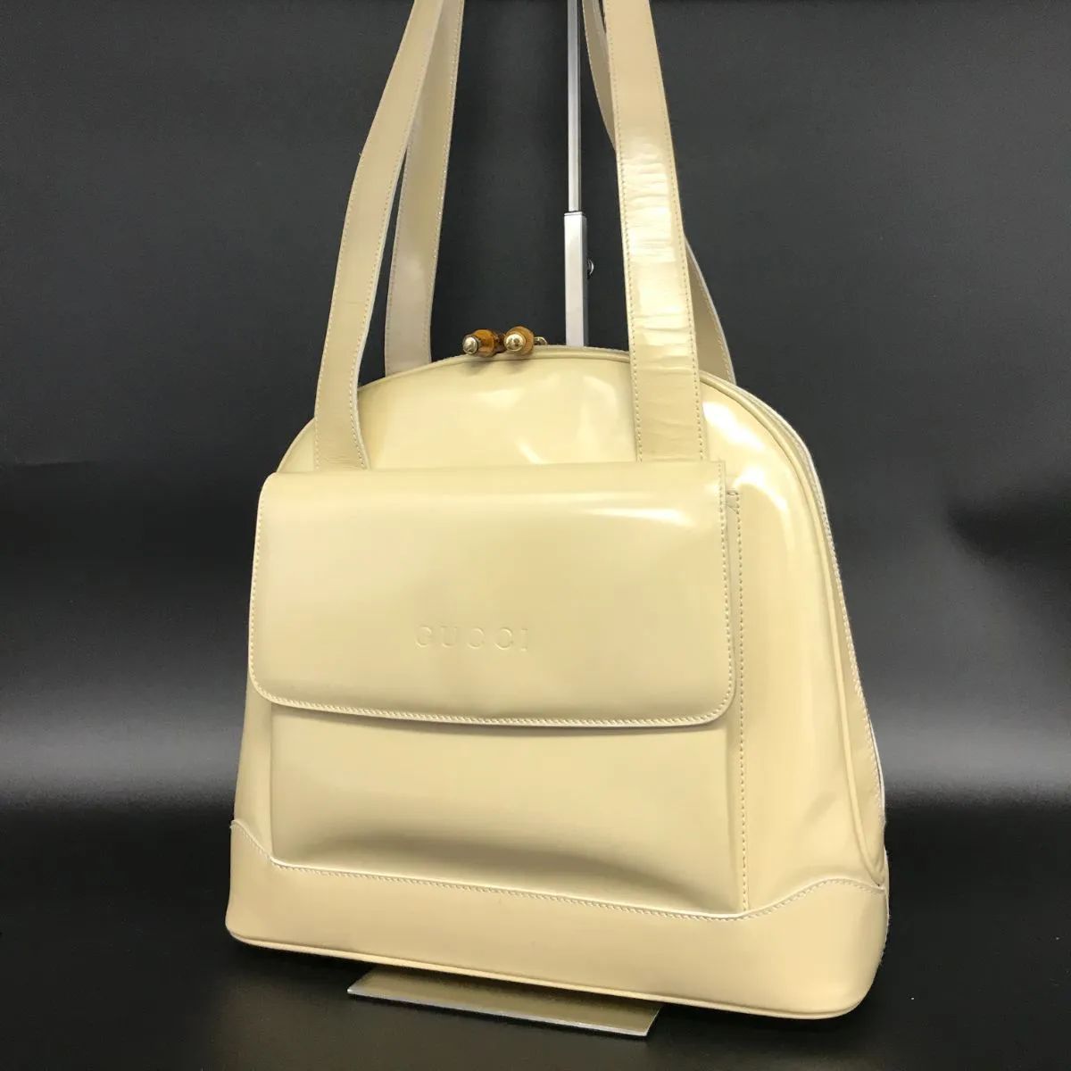GUCCI スクエアトート ショルダーバッグ パテント ベージュ ヴィンテージ GUCCI グッチ ショルダーバッグ トートバッグ パテント ベージュ系