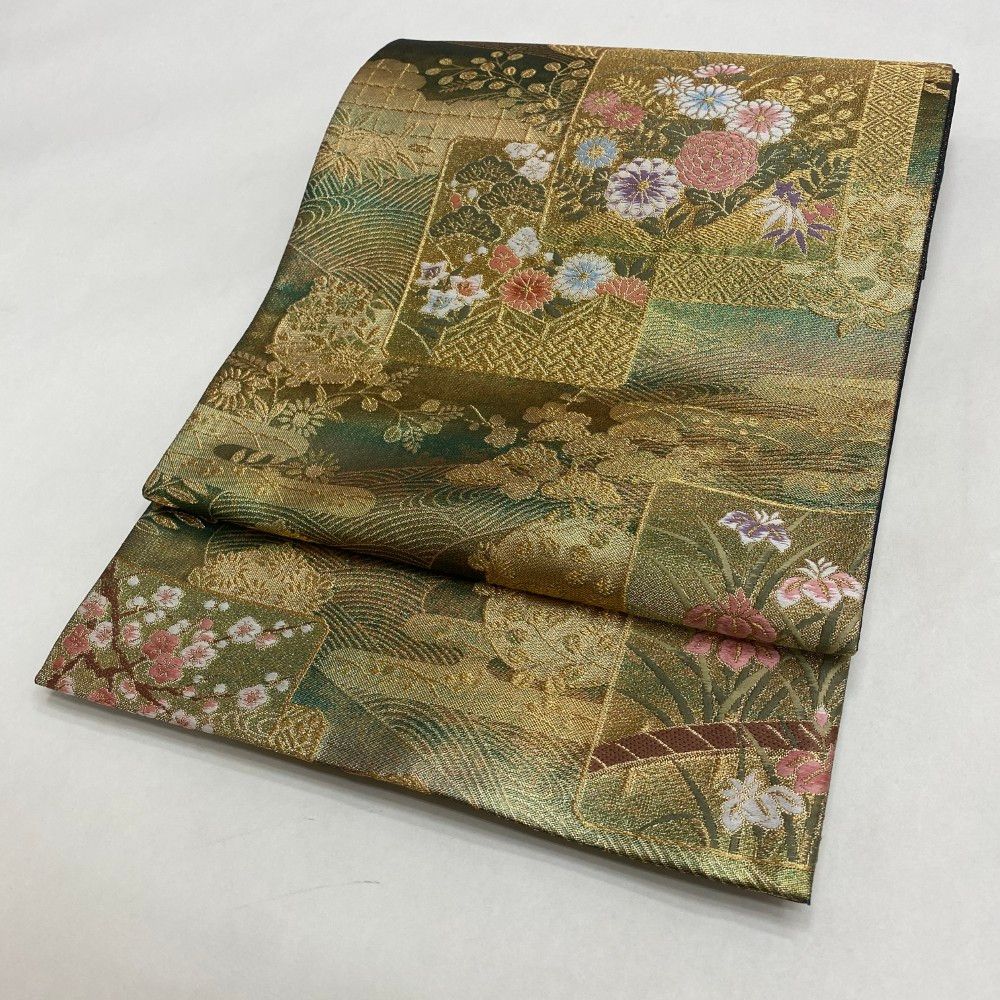 中古 礼装袋帯 正絹 草花 六通柄 グリーン Aランク 426cm 6040