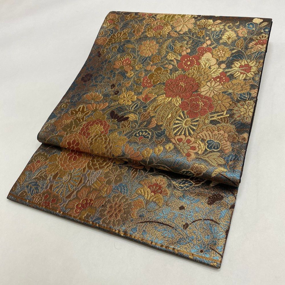 中古 礼装袋帯 正絹 連続模様 六通柄 ブルー Aランク 428cm 6042