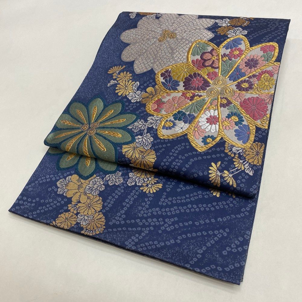 中古 礼装袋帯 正絹 草花 六通柄 ブルー Aランク 435cm 6043