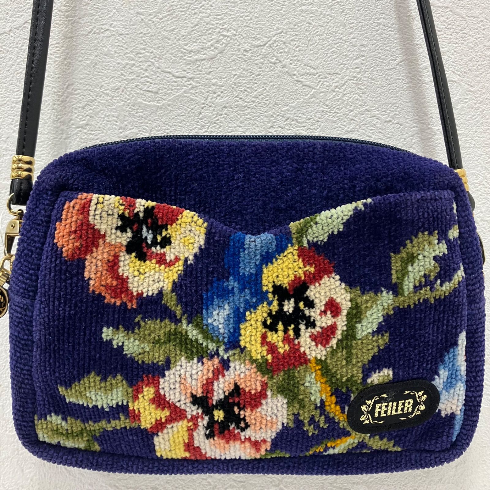 FEILER ネイビー ハンドバッグ 小型 5878 FEILER フェイラー ショルダーバッグ 花柄 パンジー ネイビー