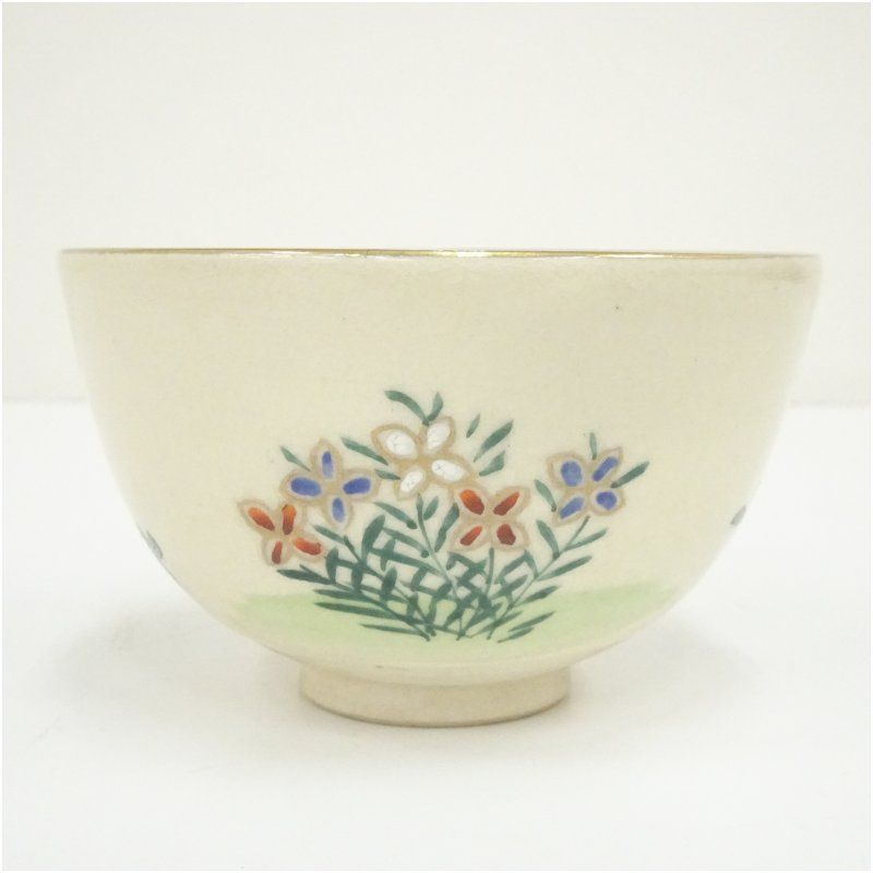 京焼 仁清印 色絵草花茶碗 茶道 抹茶 おしゃれ 抹茶茶碗 抹茶碗 和食器