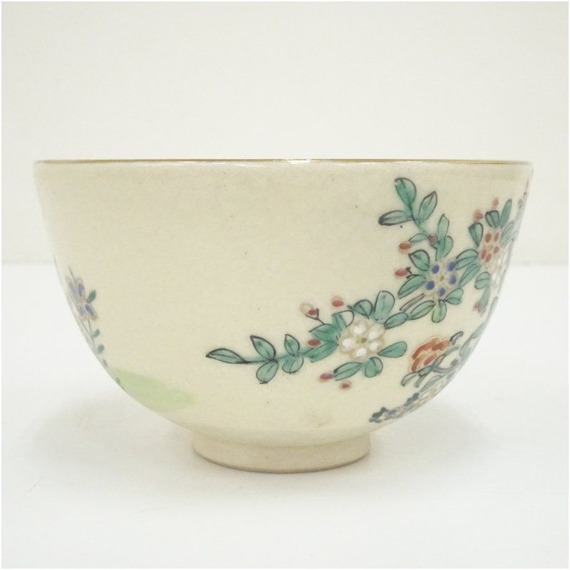 京焼 仁清印 色絵草花茶碗 茶道 抹茶 おしゃれ 抹茶茶碗 抹茶碗 和食器
