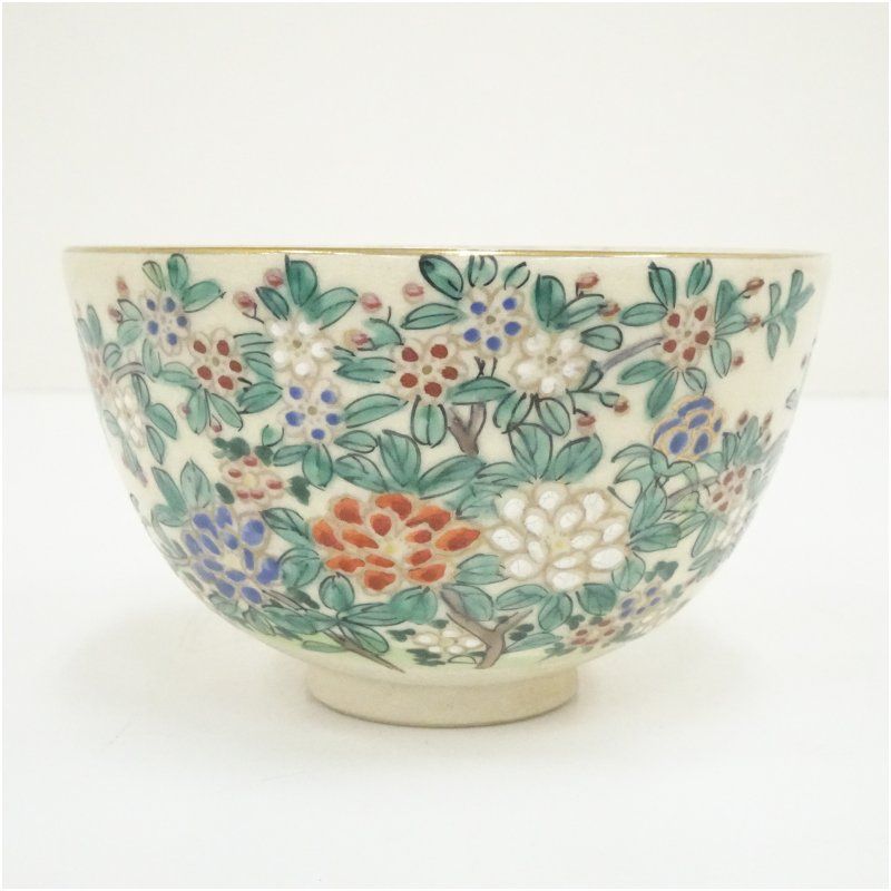 京焼 仁清印 色絵草花茶碗 茶道 抹茶 おしゃれ 抹茶茶碗 抹茶碗 和食器
