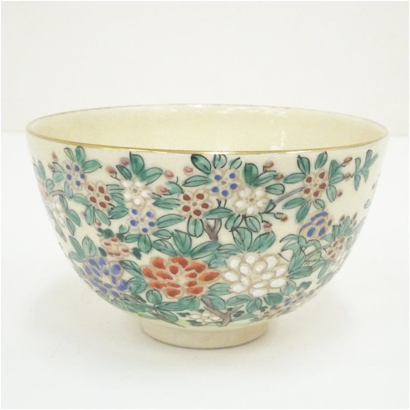 茶碗■京焼 仁清写 色絵 草花文 茶碗 時代を感じる貫入 在銘「仁清」 骨董■ 京焼 仁清印 色絵草花茶碗 茶道 抹茶 おしゃれ 抹茶茶碗 抹茶碗 和食器