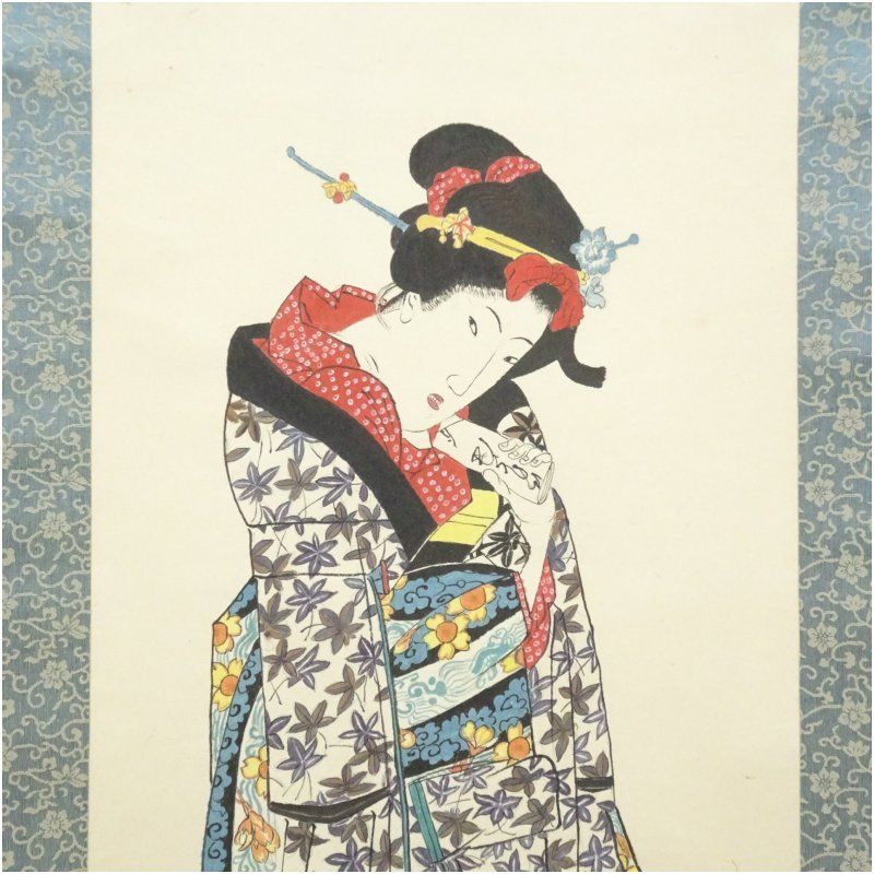 渓斎英泉 恋文（おひさ） 美人画浮世絵写 印刷紙本掛軸（保護箱
