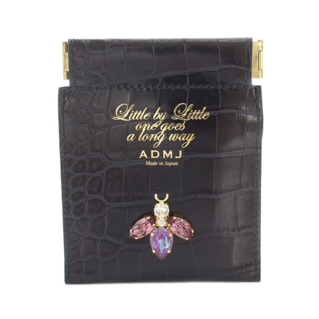 ADMJ アクセソワ Accessoires De Mademoiselle ザ・ビーチャームパス パスケース カードケース レザー クロコ型押し スワロフスキー 黒 ブラック 23SC120109 /YT29
