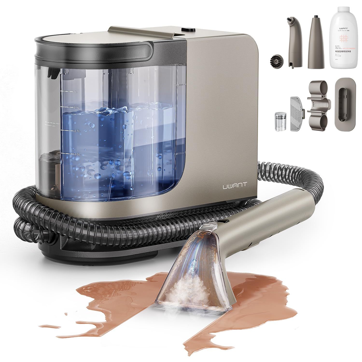 【100℃蒸気噴射×18000Pa超強吸引力×60℃加熱お湯】 Uwant スチームクリーナー 超強吸引力リンサークリーナー 高温カーペットクリーナー 5種類のプロ仕様ブラシ＆専用洗浄液付き 2-in-1大容量水タンク 乾湿両用掃除機 ソファ ee460b3e