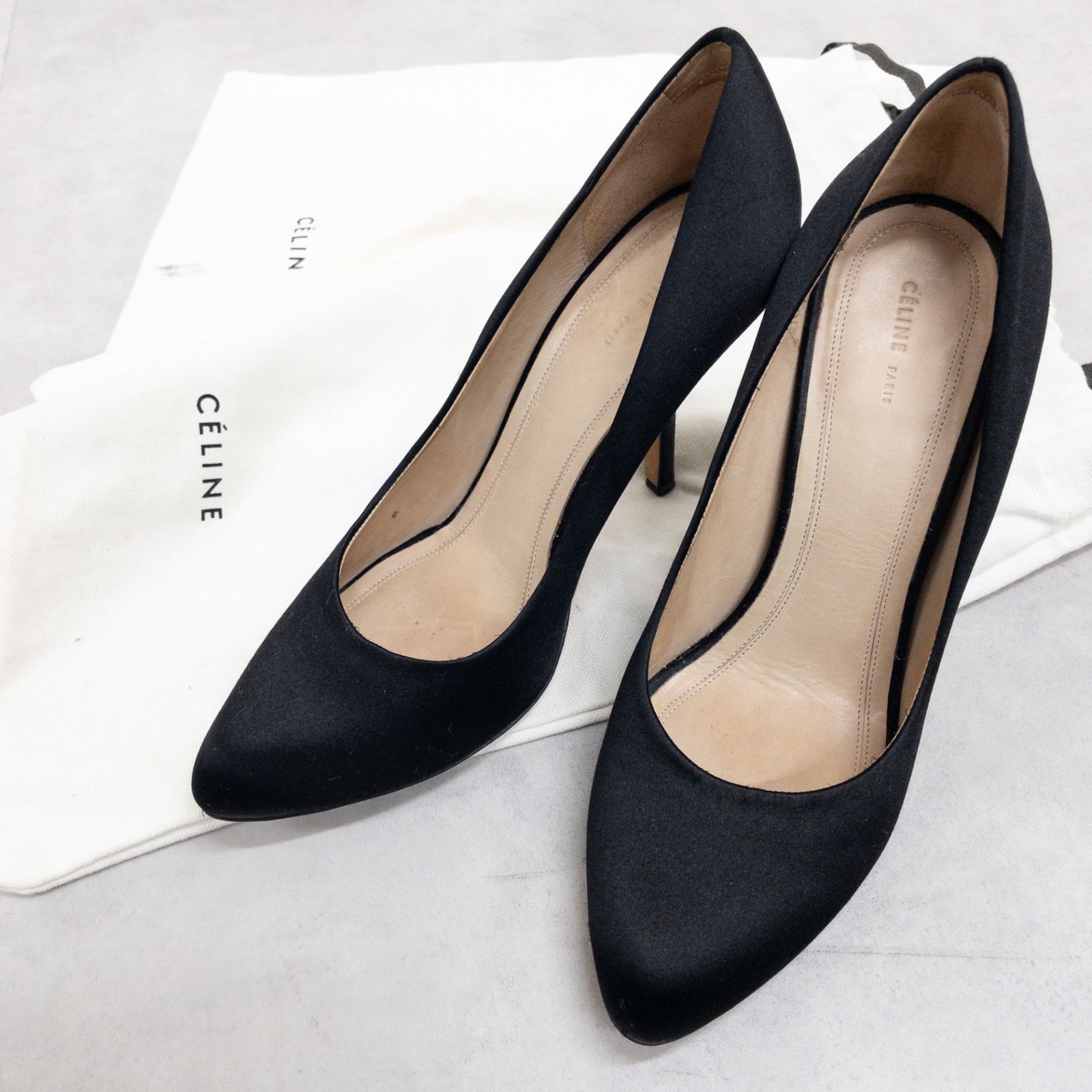 CELINE Celine Phoebe Period Pump Shoe Heels Satin Black Italian Women's 38 b02232