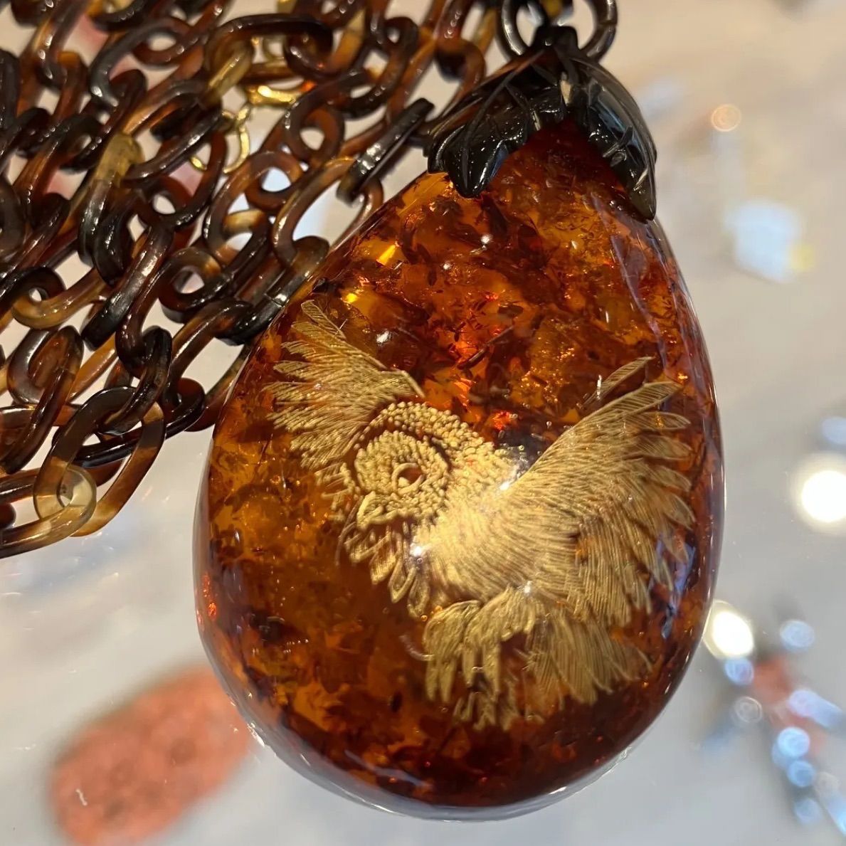 本琥珀　本べっ甲　チェーンネックレス　薪絵　新C8-0708☆ 14g