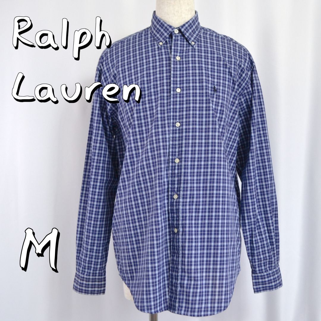 【希少デッドストック・紙タグ付き】Ralph Laurenラルフローレン 北マリアナ製 90s BLAKEブレイク 胸ポニー刺繍 チェック柄BDシャツ M(JPN L～XL) 紺ネイビー 【古着】【中古】【送料無料】