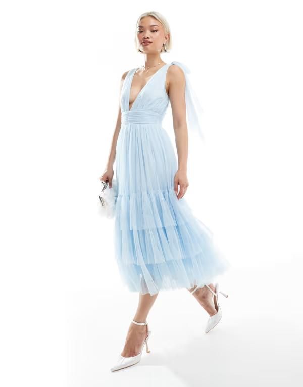 レース アンド ビーズ レディース トップス ワンピース ティアード ミディ Lace Beads Bridesmaid Madison bow shoulder tiered midi dress