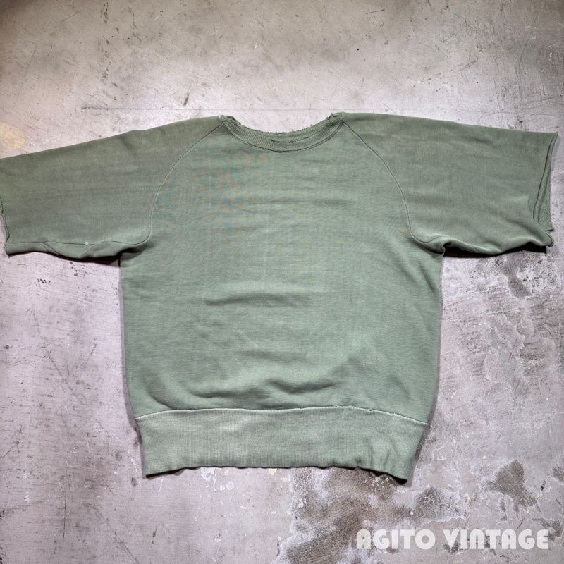 Unknown 50's~60's フリーダムスリーブスウェットシャツ カットオフ S/S カーキ 無地 リブ長 ハンドリペア有 M相当