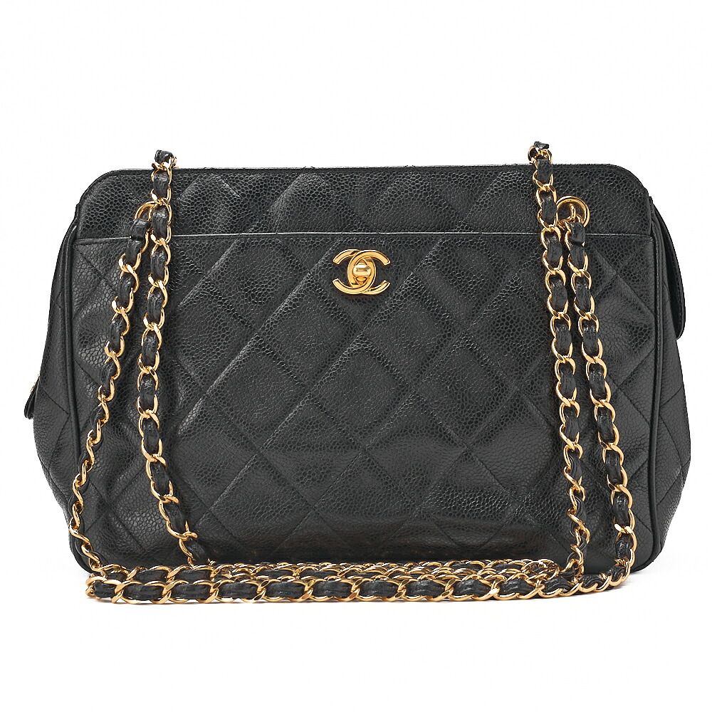 CHANEL 　シャネル　 キャビアスキン 　マトラッセ　ターンロック　プレートチャーム付き　チェーンショルダー 　黒（ゴールド金具）【中古】【送料無料】