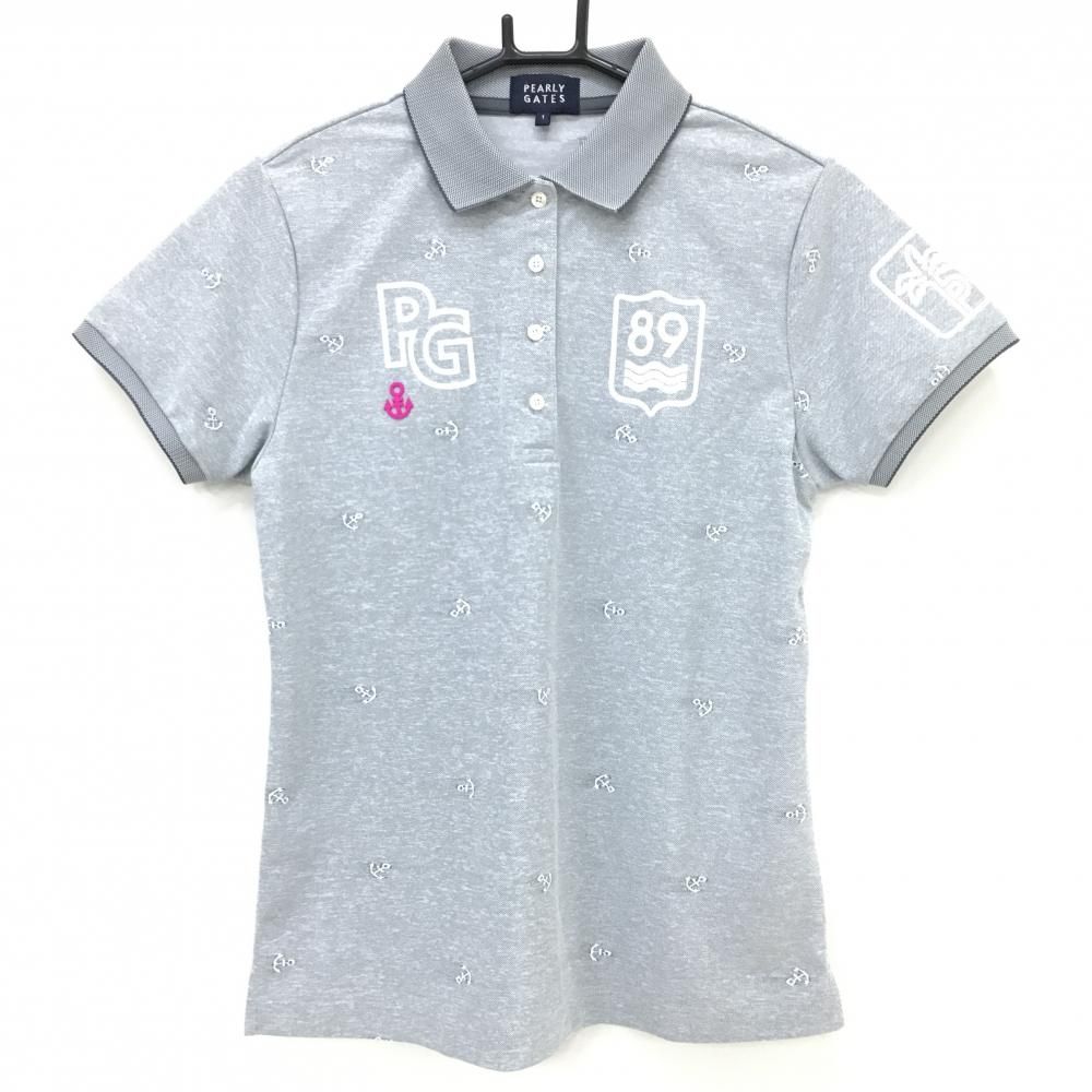 【超美品】パーリーゲイツ 半袖ポロシャツ グレー×白 イカリ総柄 ロゴプリント レディース 1(M) ゴルフウェア 2025年モデル PEARLY GATES