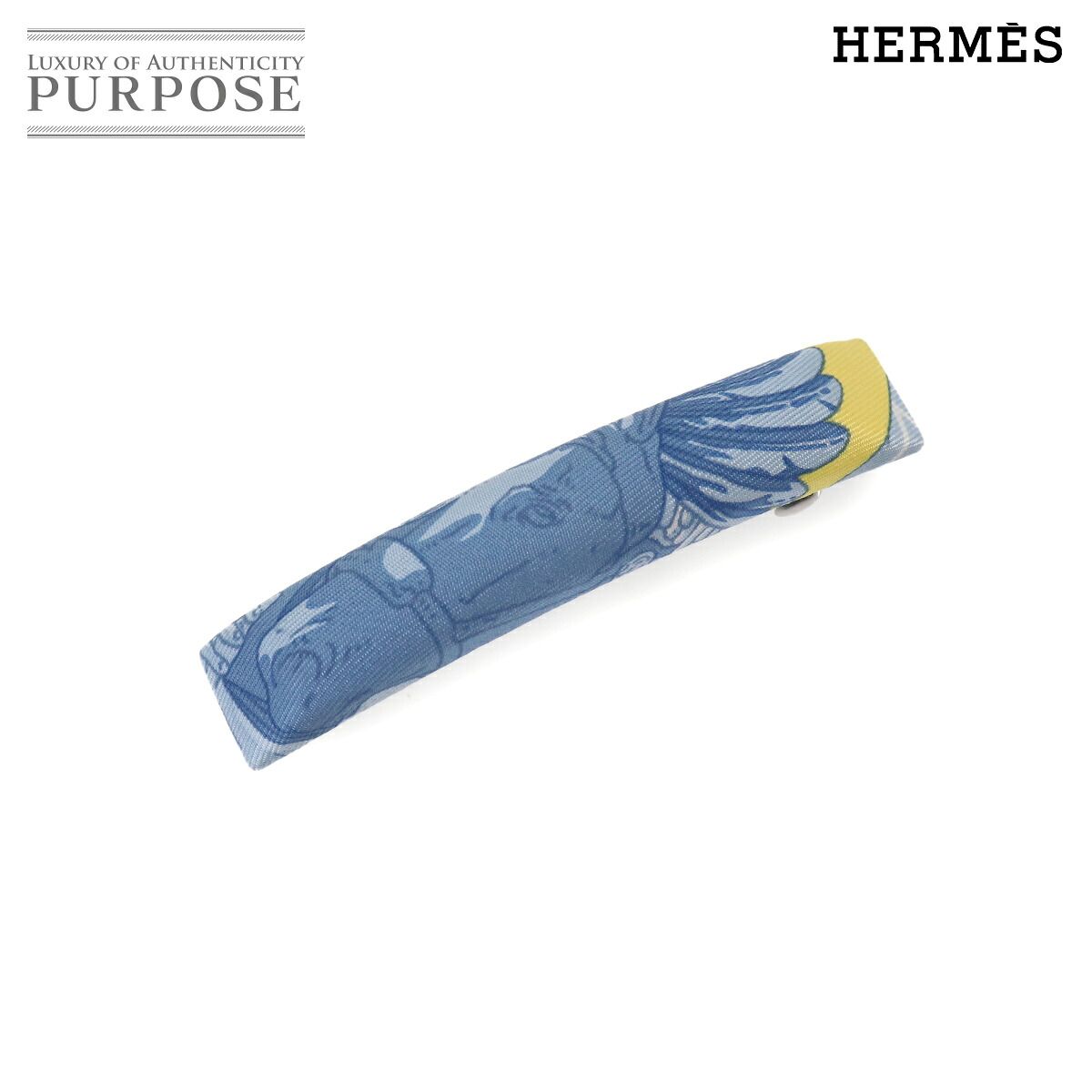 未使用 展示品 エルメス HERMES エクリプス PM バレッタ 翼のある馬の伝説 シルク ブルー イエロー シルバー 金具 90331103
