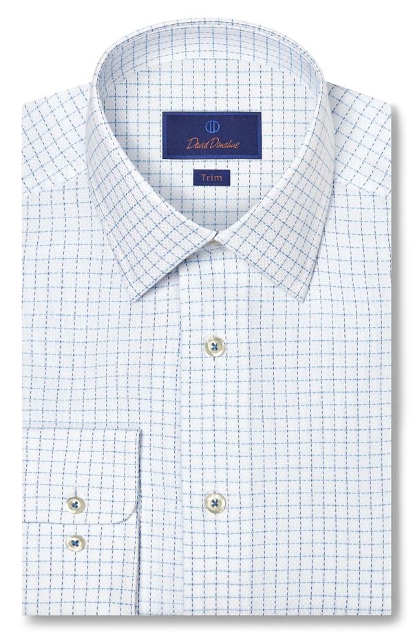 デイビッドドナヒュー メンズ トップス シャツ コットン Davidonahue Trim Fit Dobby Check Cotton Dresshirt White Blue ホワイト