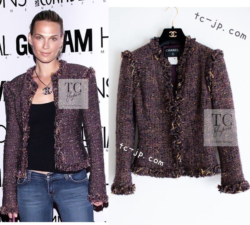 シャネル ジャケット CHANEL 100万 パープル ミックス ウール モヘア フリンジ ツイード カール・ラガーフェルド 貴重 38