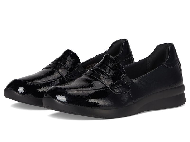 クラークス レディース シューズ スリッポン・ローファー Clarks Ellowyn Penny Black Crinkle Patent Synthetic ブラック