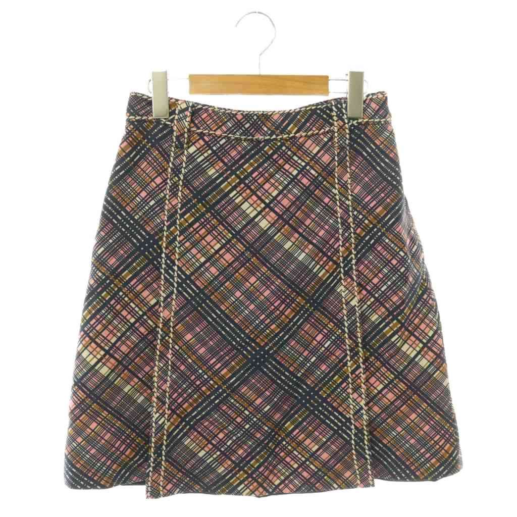 プラダ PRADA チェックスカート フレア ウール シルク混 ひざ丈 38 ピンク 紺 /HS ■GY62