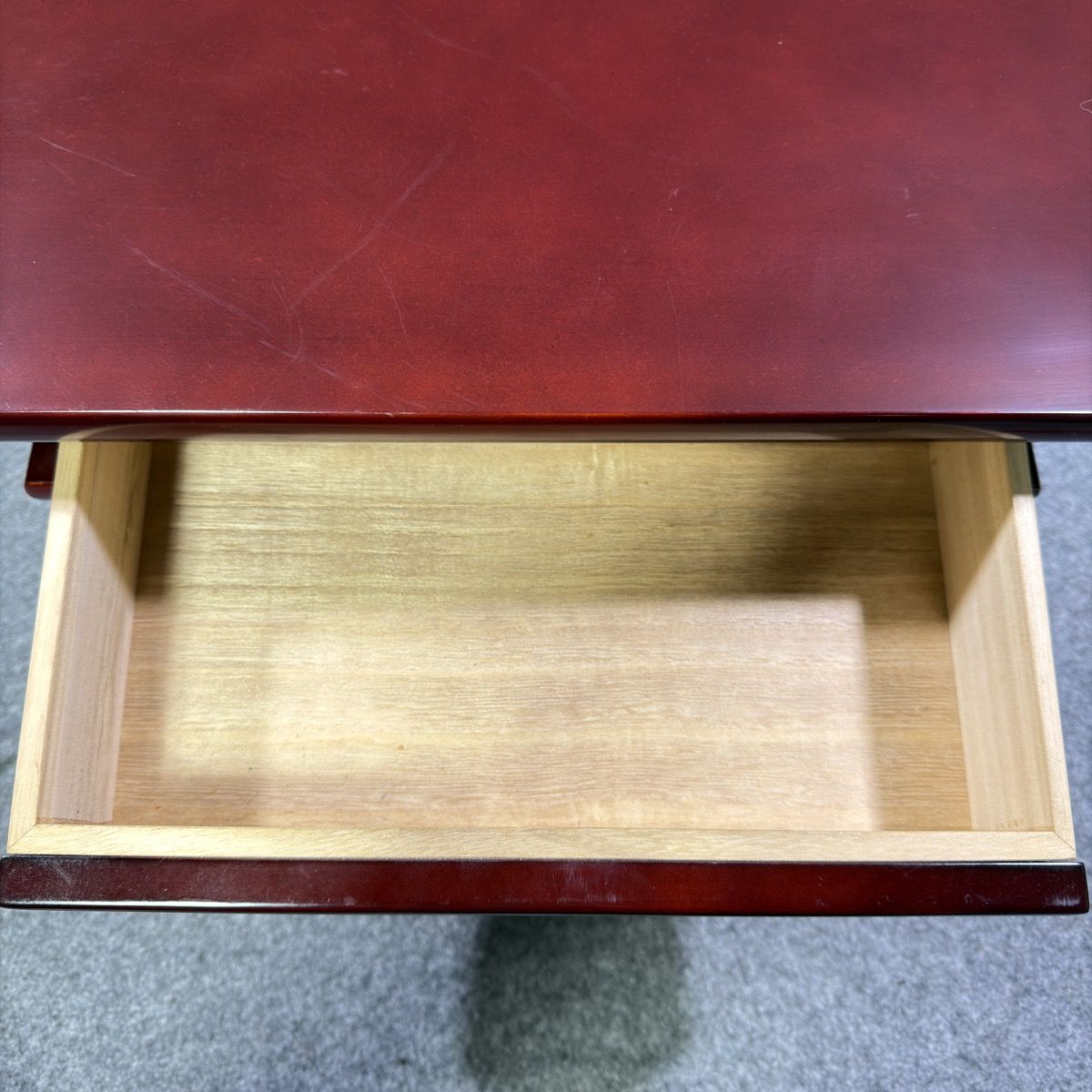 中古】経机 18号 唐木調 紫檀調 仏具 供物台 筆返し付き 1杯引出し 