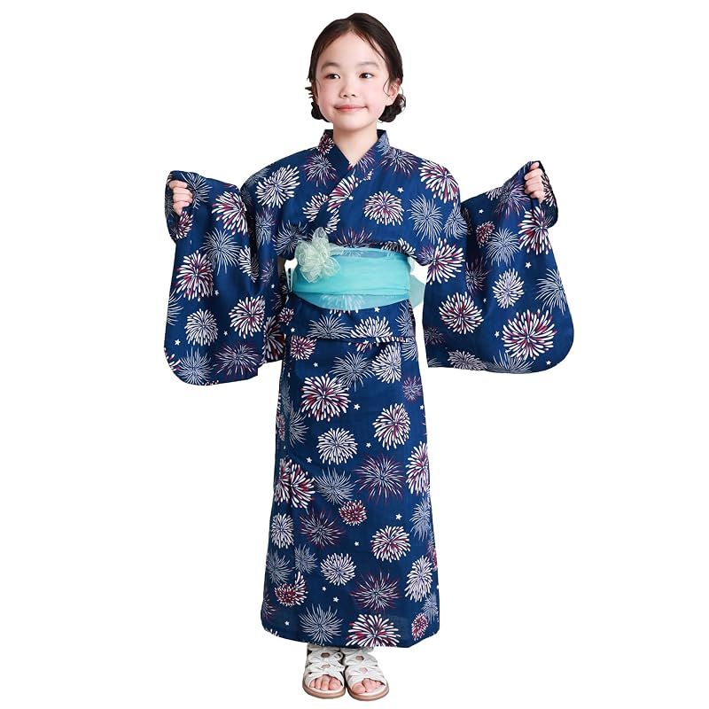浴衣 子供 キッズ 女の子 セパレート (ワンピース＋上衣＋帯) 3点セット 綿100％ 簡単着付け (紺色に花火:20/130/24907)