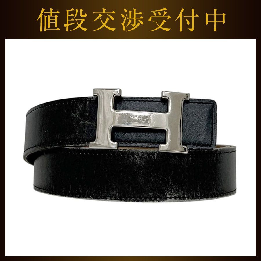 エルメス Ｈ ベルト ブラック ブラウン 黒 茶色 コンスタンス ウエスト 93cm 30mm ボックスカーフ トゴ 中古 □Ｌ刻印 HERMES ロゴバックル アパレル