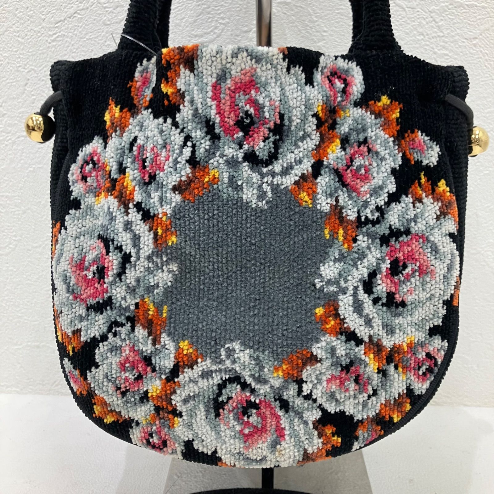 5905 FEILER フェイラー ハンドバッグ 巾着型 花柄 ブラック×グレー系 