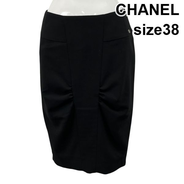 ○□ シャネル CHANEL スカート ひざ丈 タイト ココマーク 黒 ウール