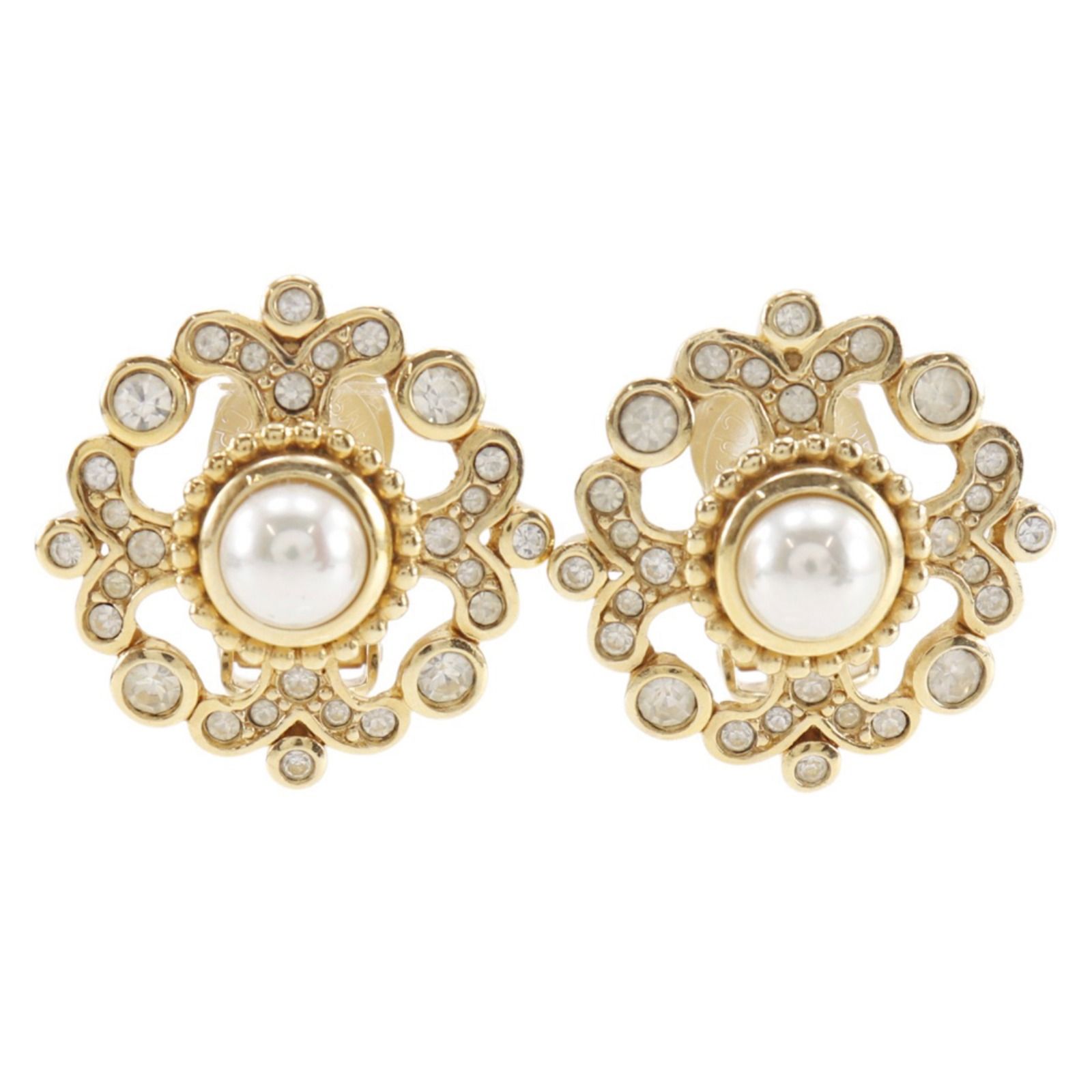 【Dior】クリスチャンディオール ヴィンテージ 金メッキ×フェイクパール×ラインストーン レディース 22.8g イヤリング