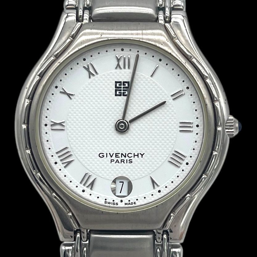 新品電池 稼働品 GIVENCHY ジバンシー REG.MODEL EXPRESSION メンズ腕時計 4Gロゴ クォーツ QZ デイト 2針 SS 白文字盤 シルバー スイス製