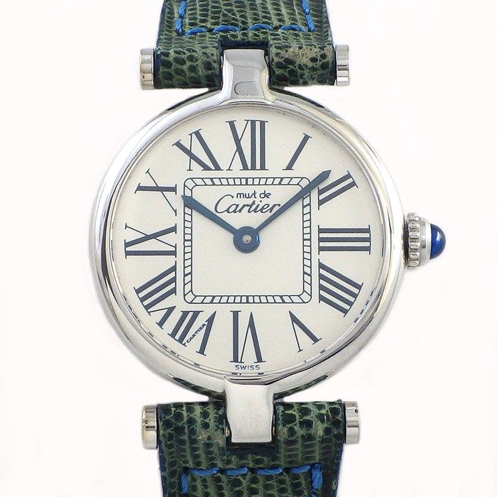 カルティエ Cartier 腕時計 マスト ヴァンドーム SM 1850 シルバー文字盤 ローマンインデックス SS グリーン リザード レザーベルト クオーツアナログ 【中古】