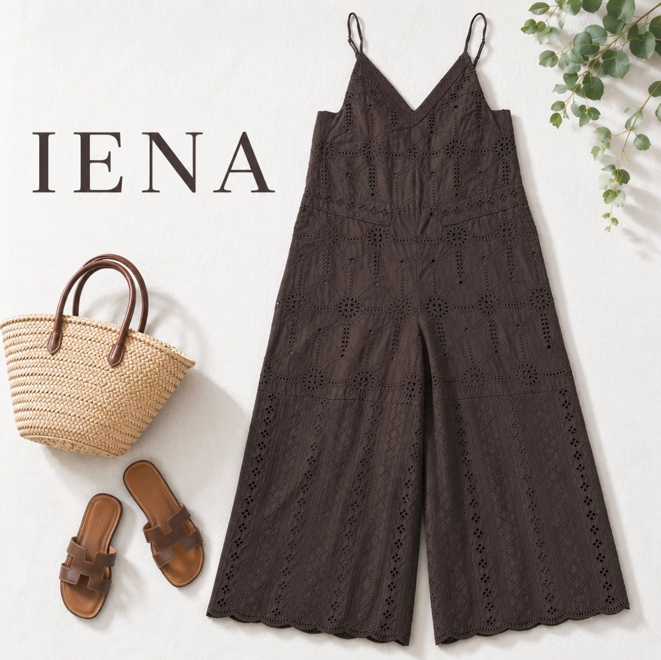 IENA レースオールインワン ブラウン 36 イエナ カットワークレース サロペット ワイドパンツ 綿100% 2024SS IENA レースオールインワン ブラウン 36 イエナ カットワークレース サロペット