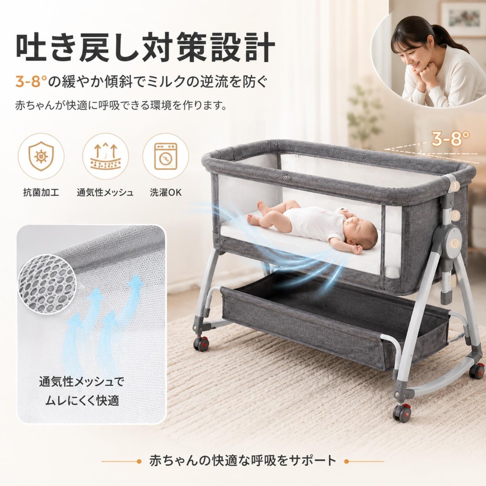 即日発送可】簡易ベビーベッド 移動式 折りたたみ 蚊帳 荷物入れ 収納