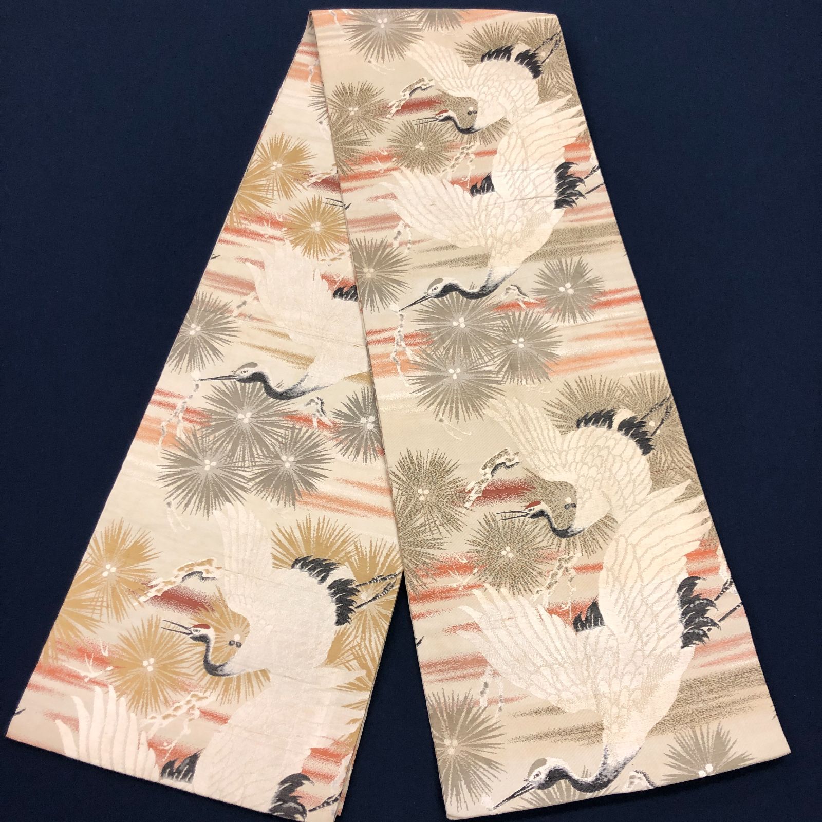 アンティーク　鶴模様　格子　金糸　丸帯　着物　023a p 正絹 丸帯 生成り 金糸 伝統吉祥文様◇鶴 松 レトロ アンティーク 大正